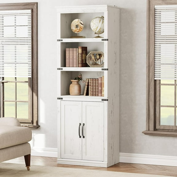 68.7" Tall 5-Tier Farmhouse Bookcase with Cabinet – Wooden 5-Shelf Bookshelf with Storage Doors, Freestanding Bookcase for Home Office, Living Room, Bedroom, White