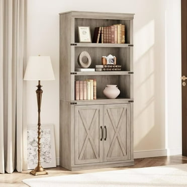 68.7" Tall Farmhouse Bookcase, 5 Tier Bookshelf with Large Storage Cabinet & Doors for Home Office, Gray(68.7" H x 31.5" W x 12.9" D)