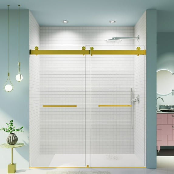 68-72" x 76" Frameless Double Sliding Soft-Close Shower Door, 10mm SGCC Tempered Glass, Brushed Gold for Modern Bathrooms