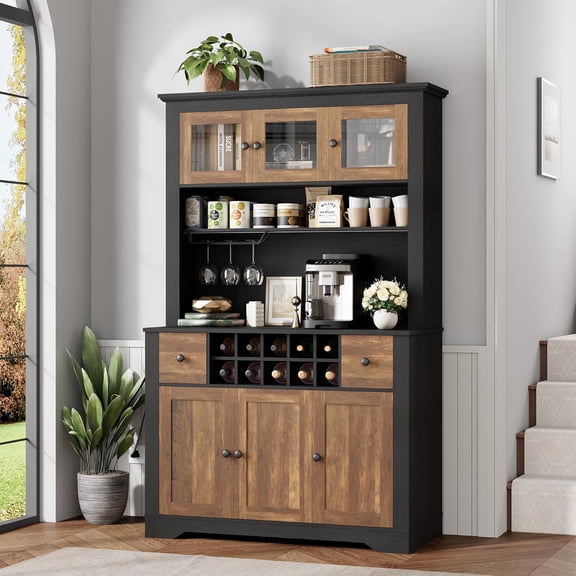 68.7In Coffee Bar Cabinet with LED Light and Power Outlet Adjustable Shelves Manufactured Wood for Dining Room
