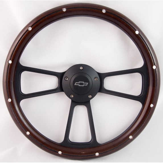 68-82 CORVETTE Non-telescopic 14" Stained Mahogany with Rivets Aluminum Wood Billet Black Steering Wheel Set Adapter & Horn