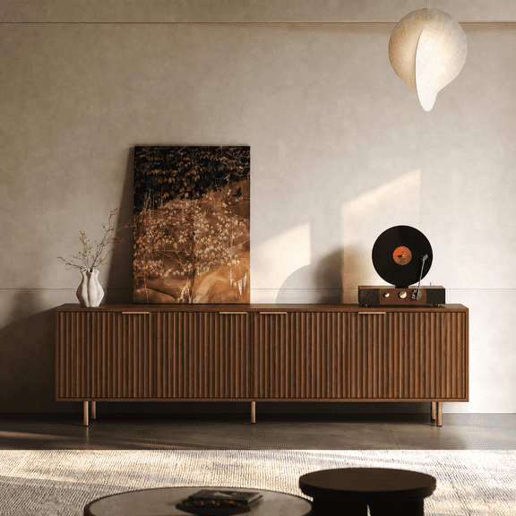 68.89" Mid-Century Modern TV Stand with Vertical Grooved Doors, Gold Pulls & 4 Storage Compartments