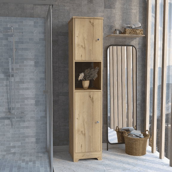 68.8H" Light Oak Double Door Storage Cabinet with 4 Interior Shelves & 1 Open Shelf