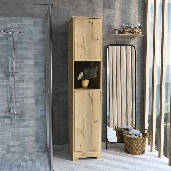 68.8h" Storage Cabinet In Oak With Four Concealed Interior Shelves And One Open Shelf For Ornament Display 69.24 In. Decorative Displays