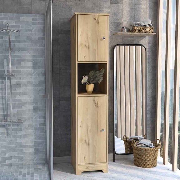 68.8h" Storage Cabinet In Oak With Four Concealed Interior Shelves And One Open Shelf For Ornamental Photos 67.52 In. Decorative