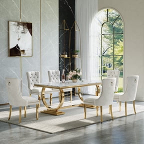 68.9" Dining Table Set for 6, Rectangular Faux Marble Table with Stainless Steel Base and 6 Velvet Tufted Chairs, for Kitchen, Living Room