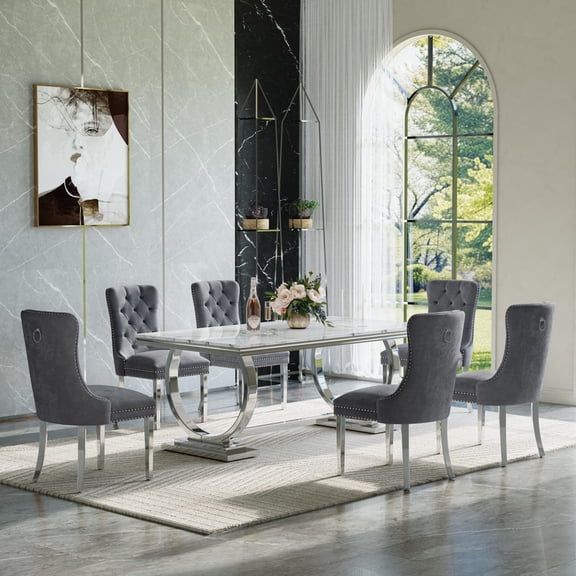 68.9" Dining Table Set for 6, Rectangular Faux Marble Table with Stainless Steel Base and 6 Velvet Tufted Chairs, for Kitchen, Living Room