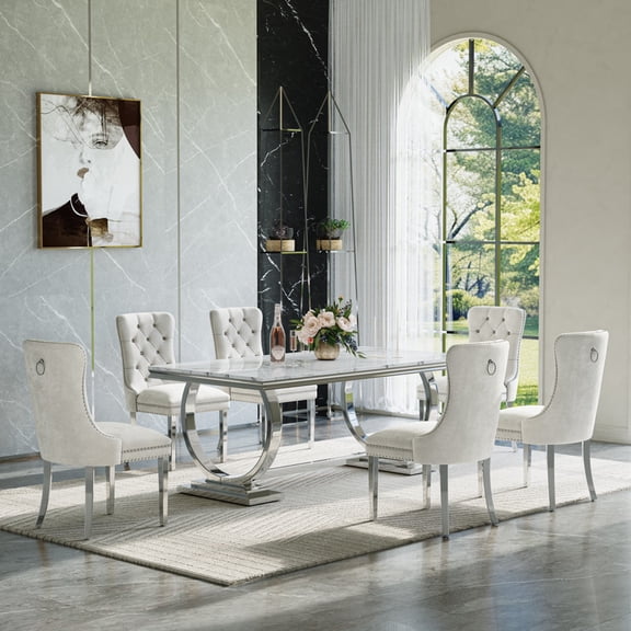 68.9" Dining Table Set for 6, Rectangular Faux Marble Table with Stainless Steel Base and 6 Velvet Tufted Chairs, for Kitchen, Living Room