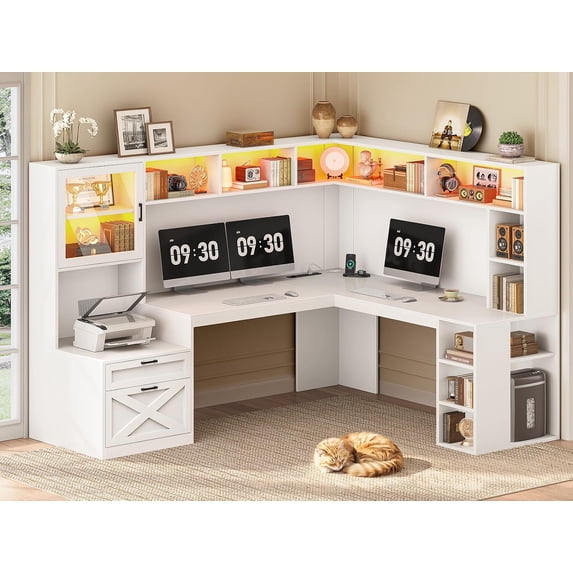 68.9" Farmhouse L Shaped Computer Desk with Hutch, 2 Drawers and Storage Shelves, Corner Office Desk with LED Light and Display Cabinet