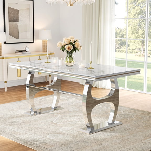 68.9" Faux Marble Dining Table, Dual H-Shaped Stainless Steel Bases, Seats 4–6, Modern Kitchen & Dining Room Table