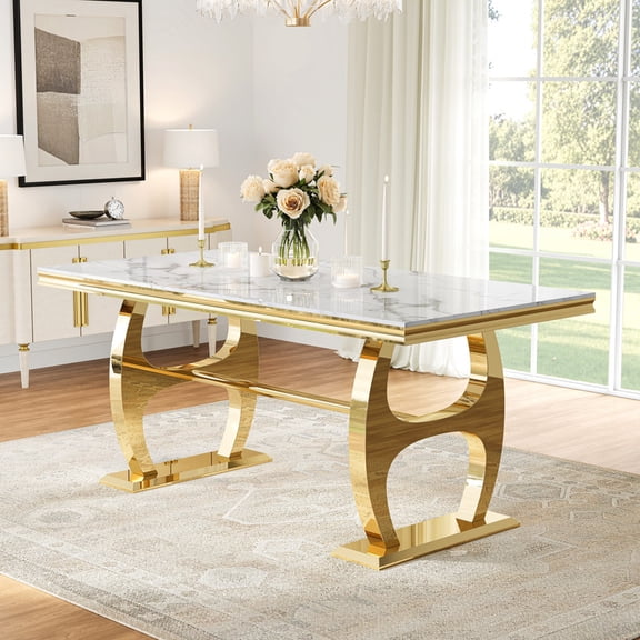 68.9" Faux Marble Dining Table, Dual H-Shaped Stainless Steel Bases, Seats 4–6, Modern Kitchen & Dining Room Table