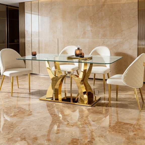 68.9" Gold Curved Base Glass Dining Table, Clear Glass Top with Crystal Accent, Luxury Modern Dining Table for 6, Contemporary Dining Room Furniture