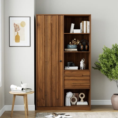 68.9" H Tall Freestanding Storage Cabinet with Fluted Door, 2 Drawers & Open Shelves – Multi-Purpose Organizer for Bedroom, Living Room, Entryway & Office
