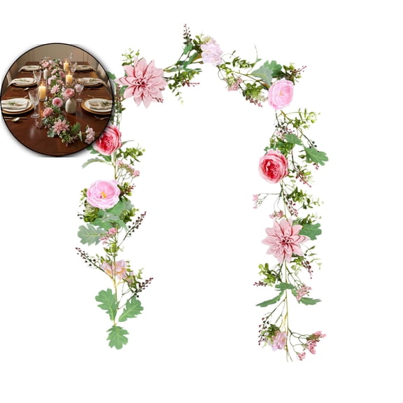 68.9 Inch Artificial Rose Garland – Fake Flower Vine for Spring Decor – UV Resistant Plastic Faux Floral String for Indoor/Outdoor Use, Weddings, Patios, Porches & Wall Wrapping