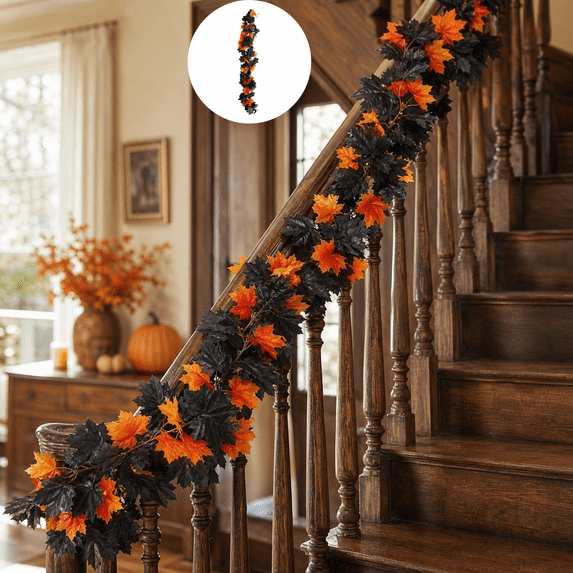 68.9 Inch Black Red Artificial Maple Leaf Garland, Flexible Fabric Autumn Foliage Vine For Door Frame Mantel Dining Table Railing Indoor Outdoor Halloween Thanksgiving Farmhouse Seasonal Home Decor