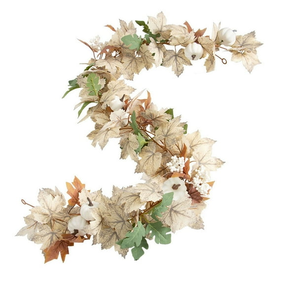 68.9 Inch Fall Maple Leaf Garland with White Pumpkins, Neutral Toned Autumn Leaf Vine, Fall Hanging Decor, Pumpkin & Leaf Garland, Fall Decor for Mantel, Staircase, Window & Thanksgiving Home
