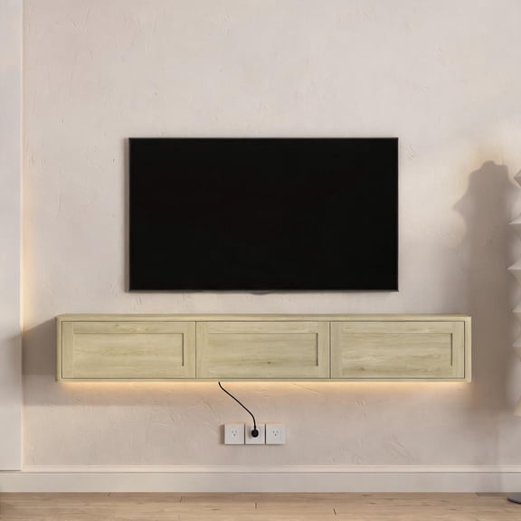 68.9-Inch Wall-Mounted Floating TV Stand with Integrated Power Outlet and LED Lights, MDF High-Gloss