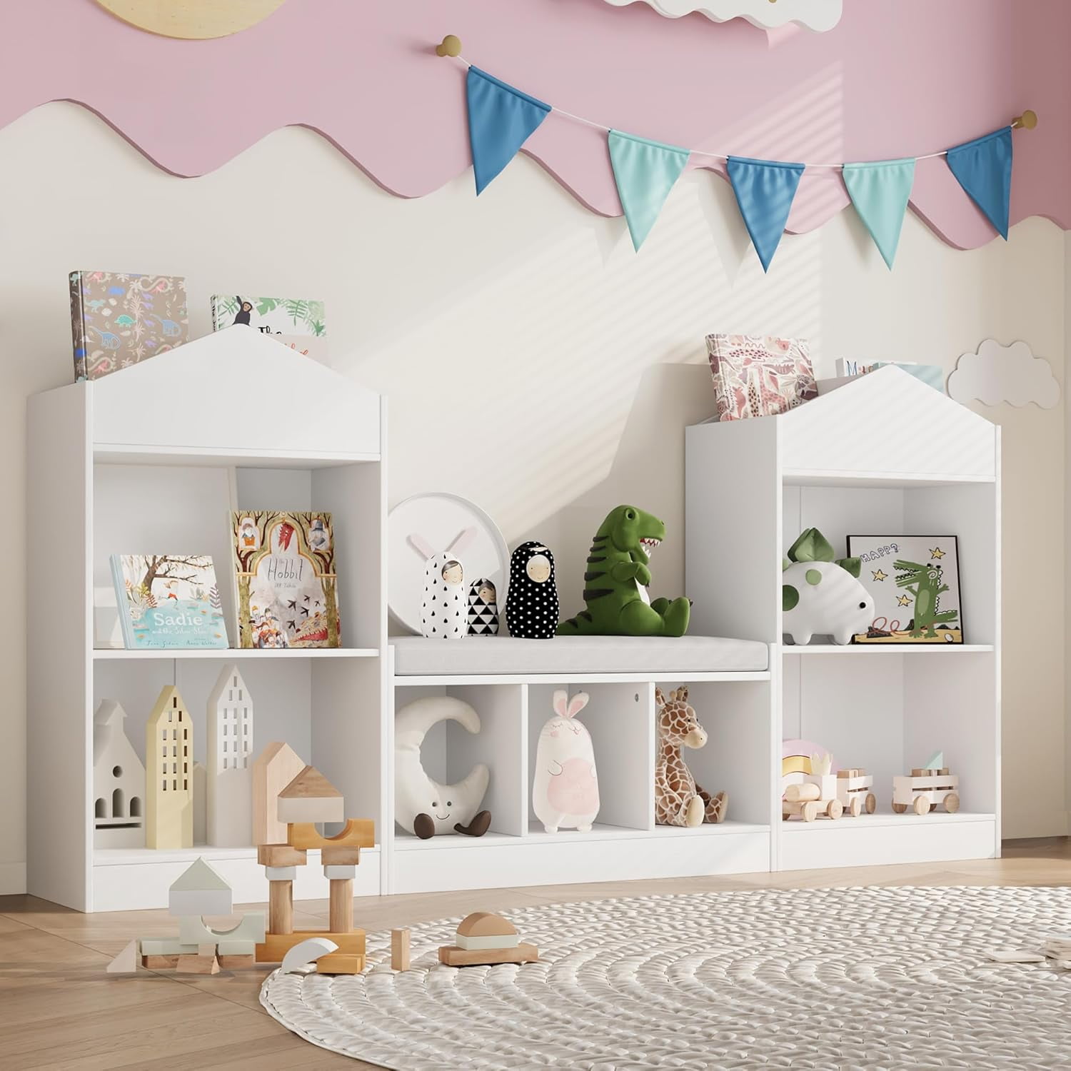 68.9“ Kids Bookshelf with Reading Nook, Toy Storage Organizer with Seat Cushion and 7 Storage Cubbies, Wooden Kids Bookcase, Toy Organizers and Storage for Nursery, Playroom, White