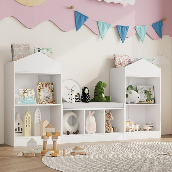 68.9“ Kids Bookshelf with Reading Nook, Toy Storage Organizer with Seat Cushion and 7 Storage Cubbies, Wooden Kids Bookcase, Toy Organizers and Storage for Nursery, Playroom, White