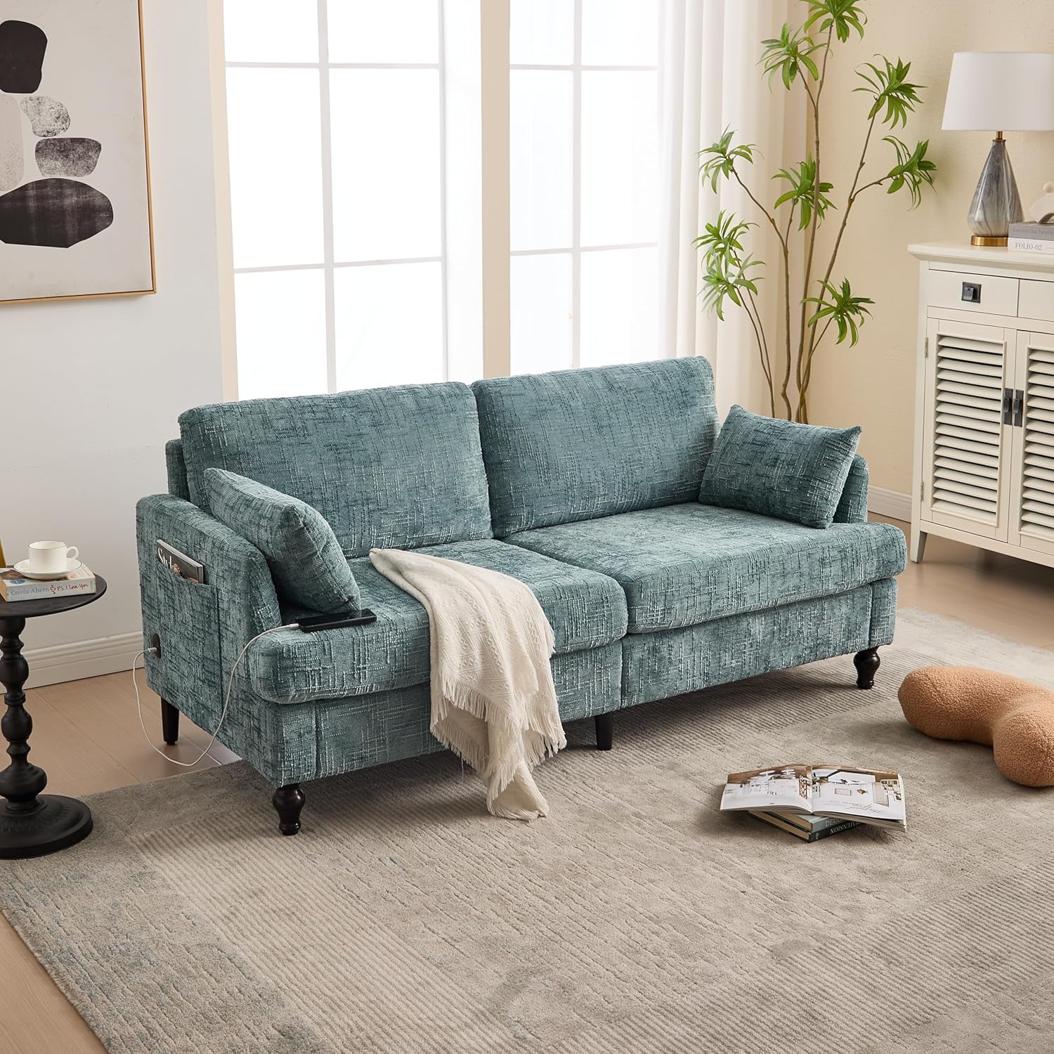68.9” Lake Blue 2 Seater Sofa, Chenille Loveseat with LED Light and ...