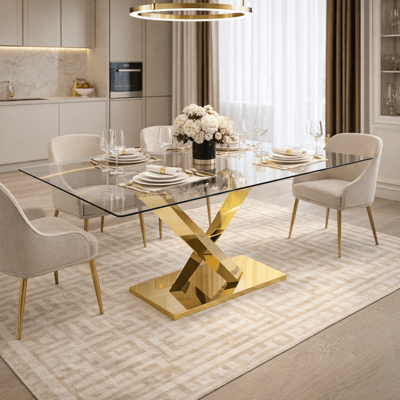 68.9" Modern Gold Rectangular Dining Table, Clear Glass Top, Mirrored Stainless Steel Base, Table Only