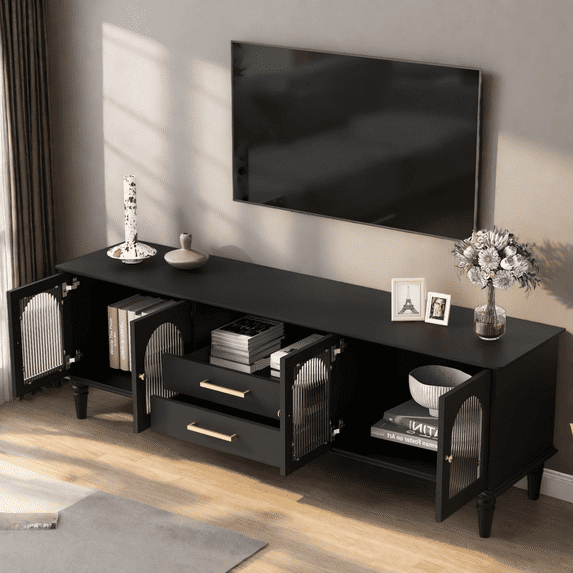 68.9" Retro TV Stand for TVs up to 75 Inches, Entertainment Center with Fluted Glass Doors, Media Console with Storage Drawers, Black