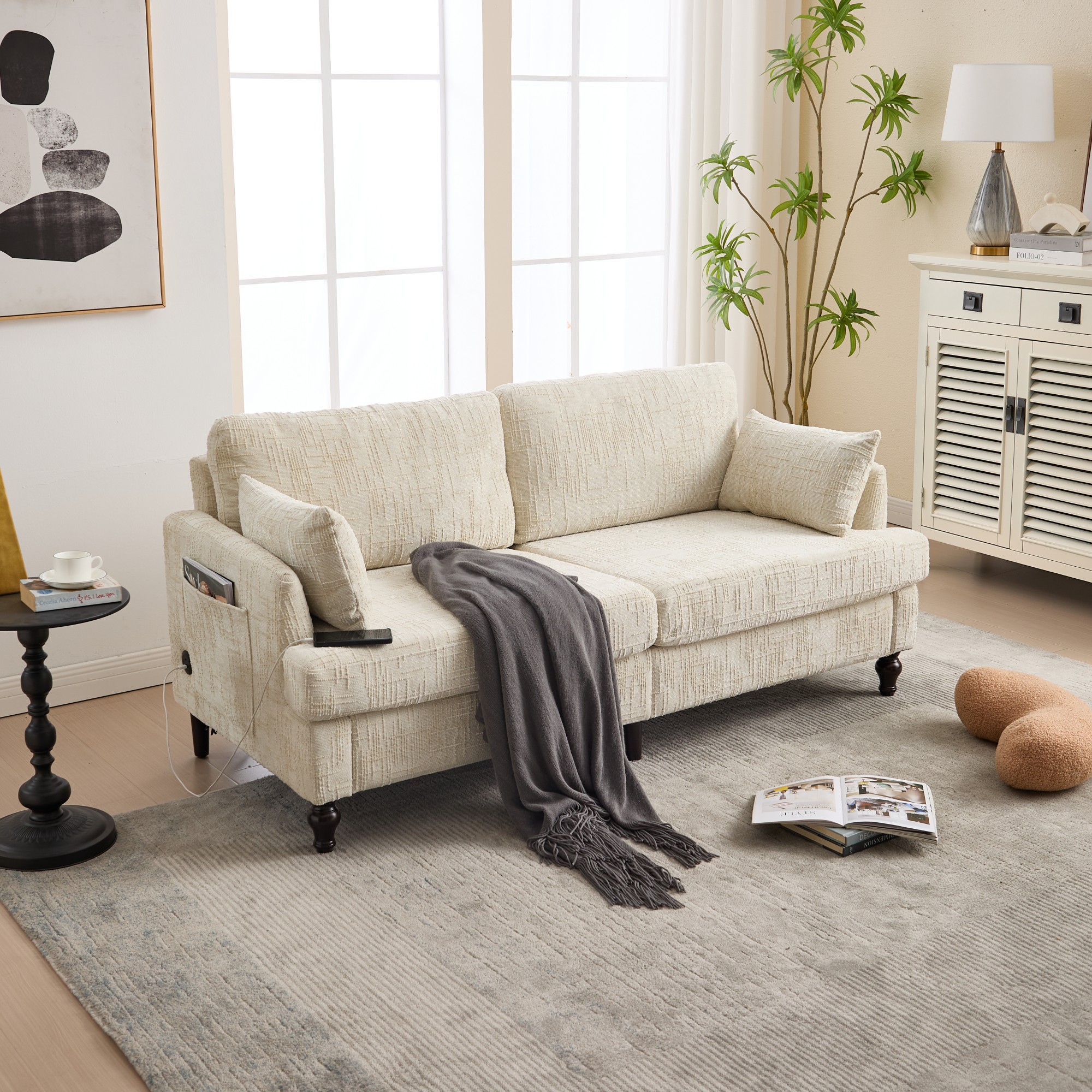 68.9" Sofa Couch,Modern 2 Seater Upholstered Loveseat Sofa Couch with LED light&USB for Living Room,Bedroom,Beige