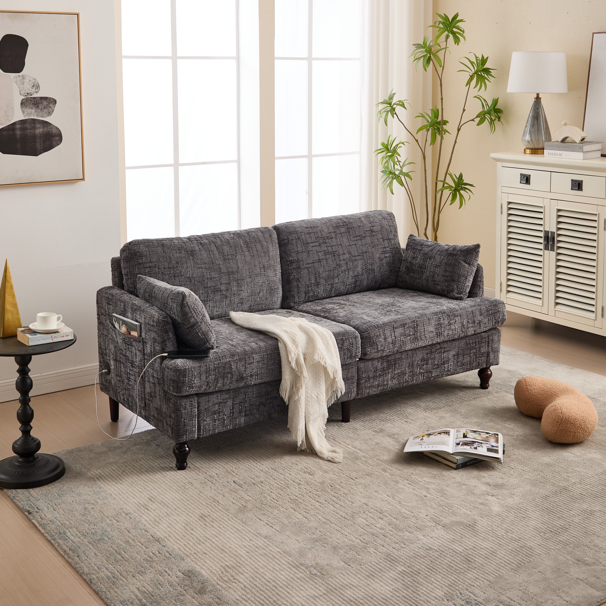 68.9" Sofa Couch,Modern 2 Seater Upholstered Loveseat Sofa Couch with LED light&USB for Living Room,Bedroom,Gray