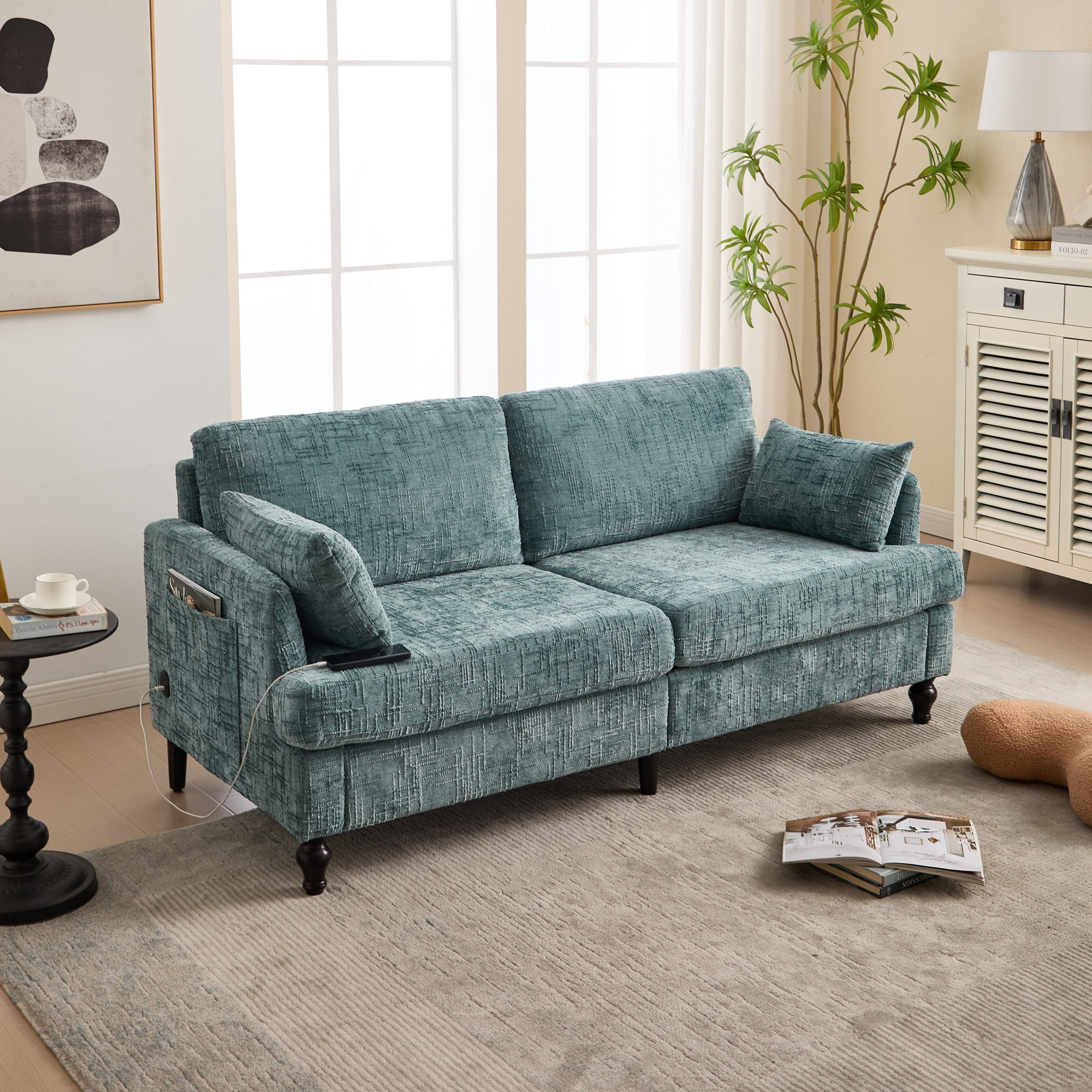68.9" Sofa Couch,Modern 2 Seater Upholstered Loveseat Sofa Couch with LED light&USB for Living Room,Bedroom,Lake Blue