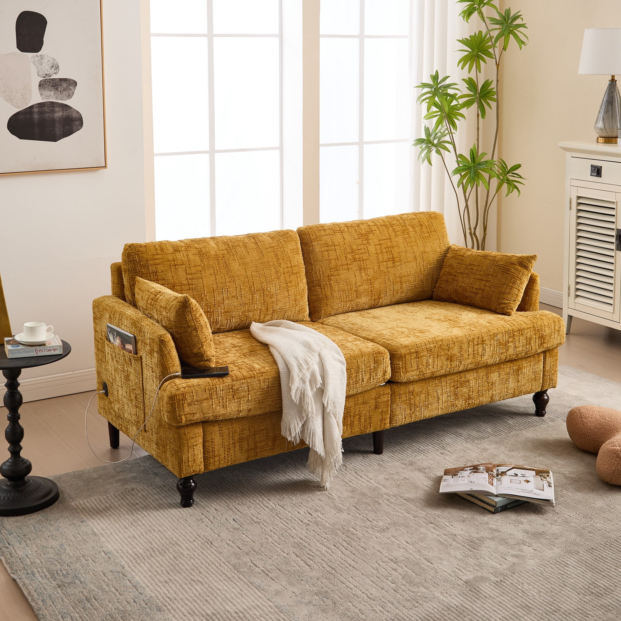 68.9" Sofa Couch,Modern 2 Seater Upholstered Loveseat Sofa Couch with LED light&USB for Living Room,Bedroom,Mustard yellow