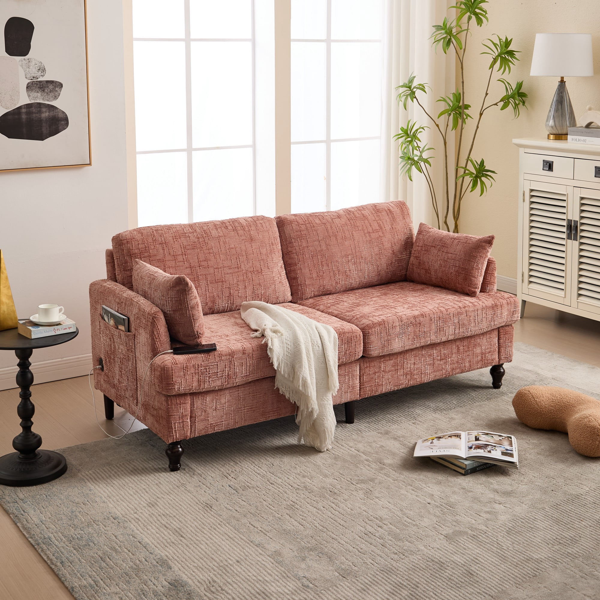 68.9" Sofa Couch,Modern 2 Seater Upholstered Loveseat Sofa Couch with LED light&USB for Living Room,Bedroom,Pink
