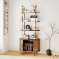 thumbnail image 1 of 68.9" Tall Arched Bookshelf with with Sliding Tambour Doors, 4-Tier Open Display Storage Shelf, Vinyl Record Player Stand for Home Office, Living Room, Walnut, 1 of 10