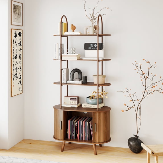 68.9" Tall Arched Bookshelf with with Sliding Tambour Doors, 4-Tier Open Display Storage Shelf, Vinyl Record Player Stand for Home Office, Living Room, Walnut