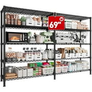 68.9" Wide Storage Shelves Heavy Duty Wire Shelving Unit 72.4" Tall Metal Shelves for Storage Rack 5 Tier Adjustable Garage Shelving 1500Lbs Steel Shelves for Pantry Kitchen Basement, Black