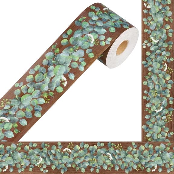 68.9Ft Eucalyptus Bulletin Board Borders Greenery Leaves Straight Rolled Border Trim Eucalyptus Wood Grain Classroom Bulletin Board Decoration for School Chalkboard Office Home Wall Door Window Decor