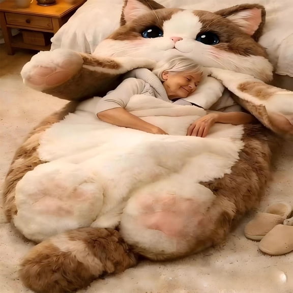 68.9Inch Cat Themed Adult Sleeping Bag, Cute Plush Envelope Sleeping Sack - Cozy for Indoor Use, Camping, Gifts for Cat Lovers & Movie Nights