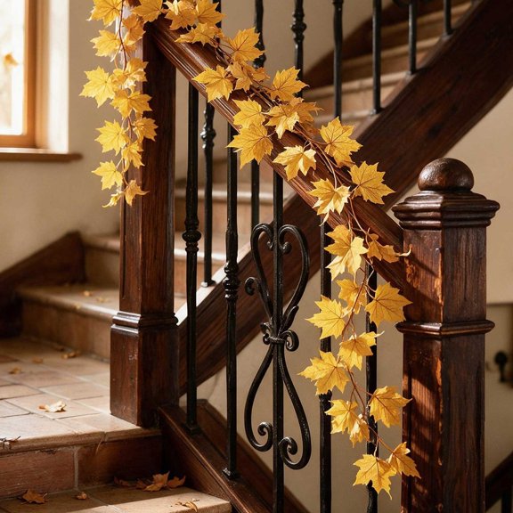 68.9in Artificial Yellow Maple Leaf Garland, Fall Thanksgiving Decor for Mantel Fireplace Wall Staircase Table Home Party