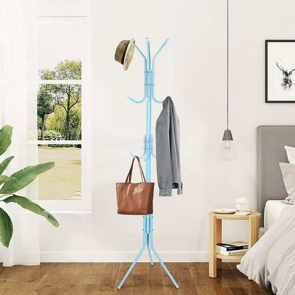 68.9x17.7in Metal Coat Rack Assembled Living Room Floor Hat Clothing Display Stand Home Furniture Multi Hooks Hanging Clothes, Blue