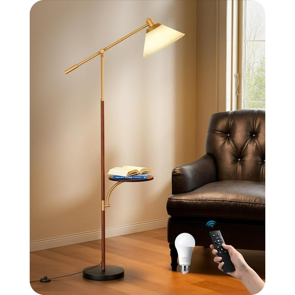 68" Arc Floor Lamp with Table, Vintage Standing Lamp for Living Room with Tray, Tall Reading Lamp, Beige Shade, Adjustable Arm, Remote Dimmable Bulb Included, for Bedroom Office, Wood Grain