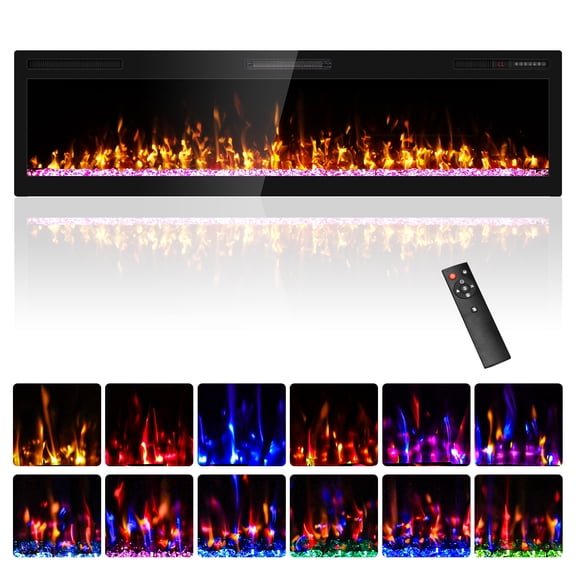 68" Black Ultra-Thin Recessed Electric Fireplace with 3D HD Flames & Remote