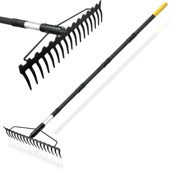 68" Bow Rake, 17 Steel Tines, Dual-Sided Heavy Duty Garden Rake for Soil, Lawn, Leaves & Thatch, Adjustable Handle