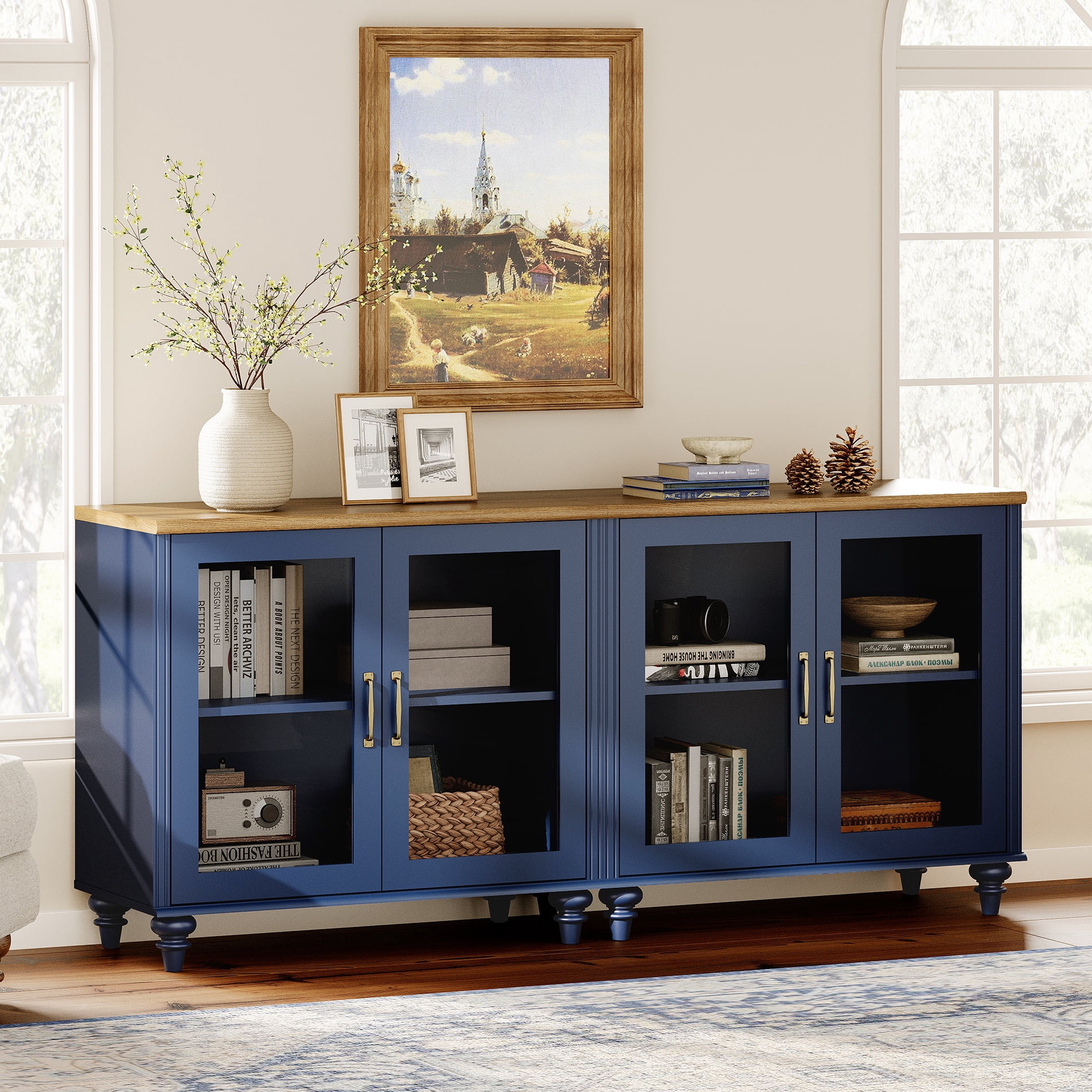 68" Buffet Cabinet with 4 Glass Doors, Kitchen Storage Cabinets, Wood Coffee Bar Table with Adjustable Shelf, Sideboard Credenza for Dining Room, Navy Blue