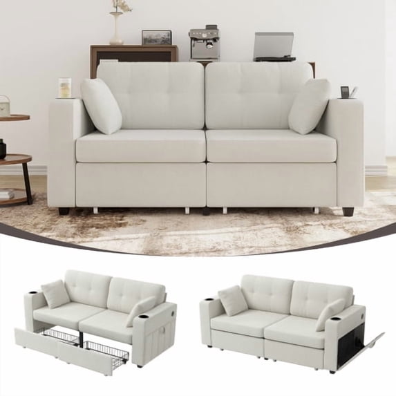 68" Chenille Two Seater Couch, Living Room Loveseat with Usb Charging, Upholstered Loveseat with Storage for Living Room, Beige