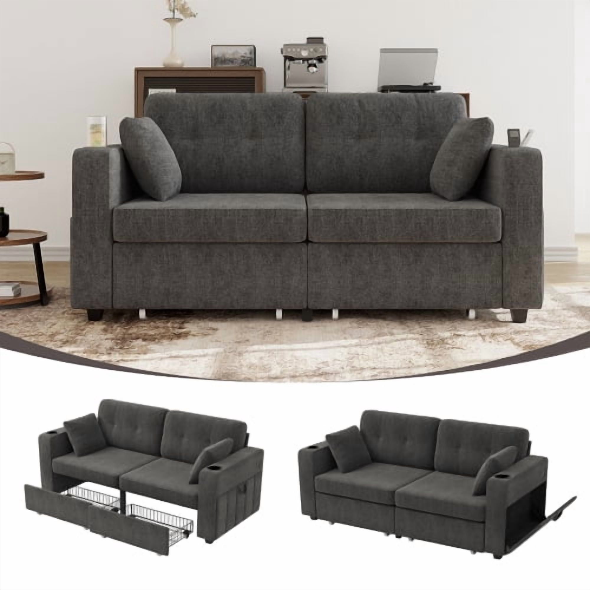 68" Chenille Two Seater Couch, Living Room Loveseat with Usb Charging, Upholstered Loveseat with Storage for Living Room, Gray
