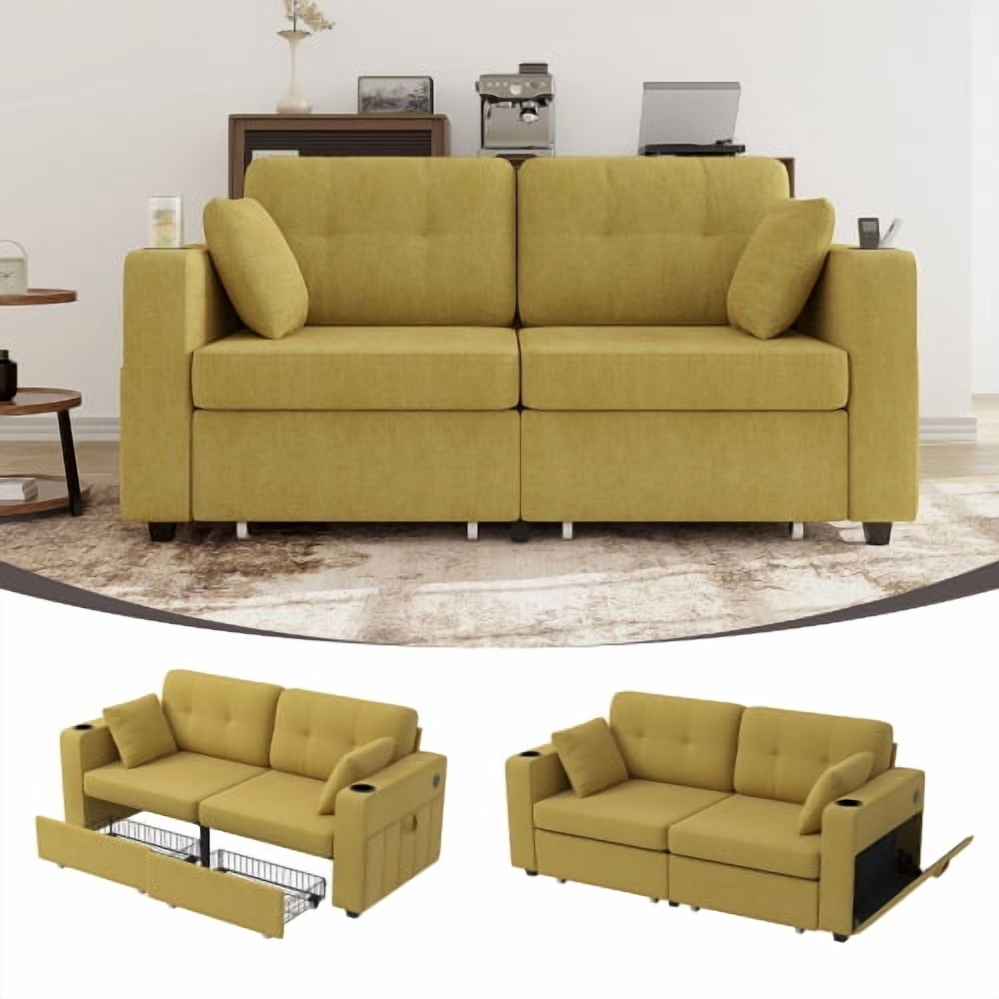 68" Chenille Two Seater Couch, Living Room Loveseat with Usb Charging, Upholstered Loveseat with Storage for Living Room, Mustard yellow