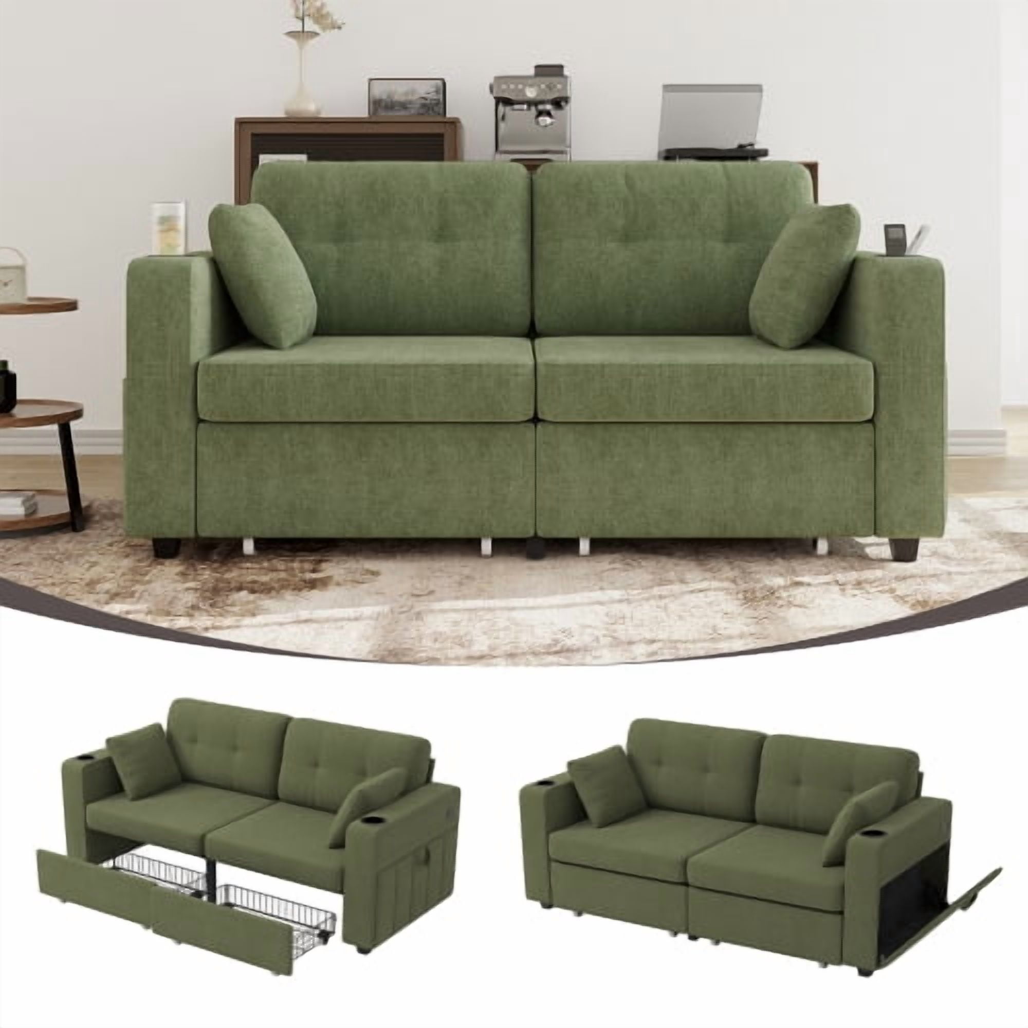 68" Chenille Two Seater Couch, Living Room Loveseat with Usb Charging, Upholstered Loveseat with Storage for Living Room, Olive