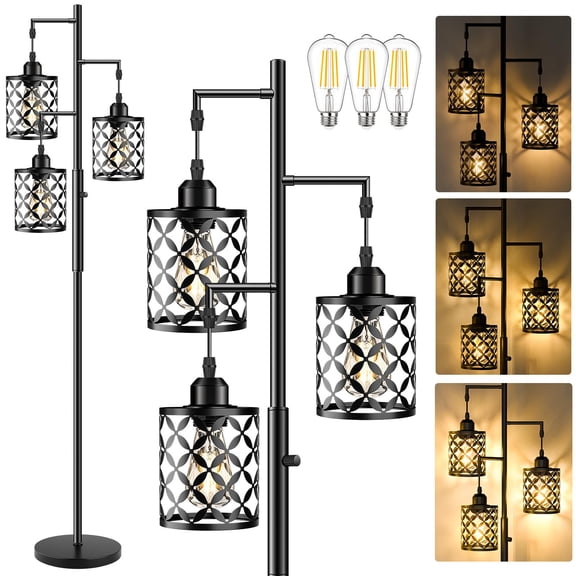 68" Dimmable Floor Lamp Farmhouse Standing With Elegant Metal Cage Industrial Tall Tree Lamps For Living Room Bedroom Study Office (2000lm Led Bulbs Included) - Black