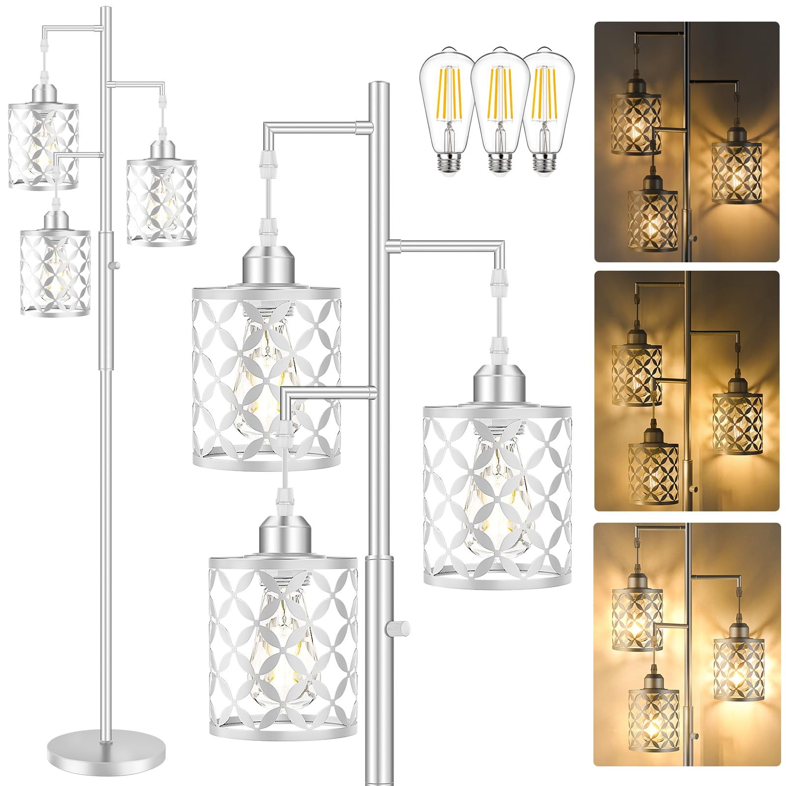 68" Dimmable Floor Lamp with Metal Cage, 3 LED Bulbs Included for Living Room Bedroom