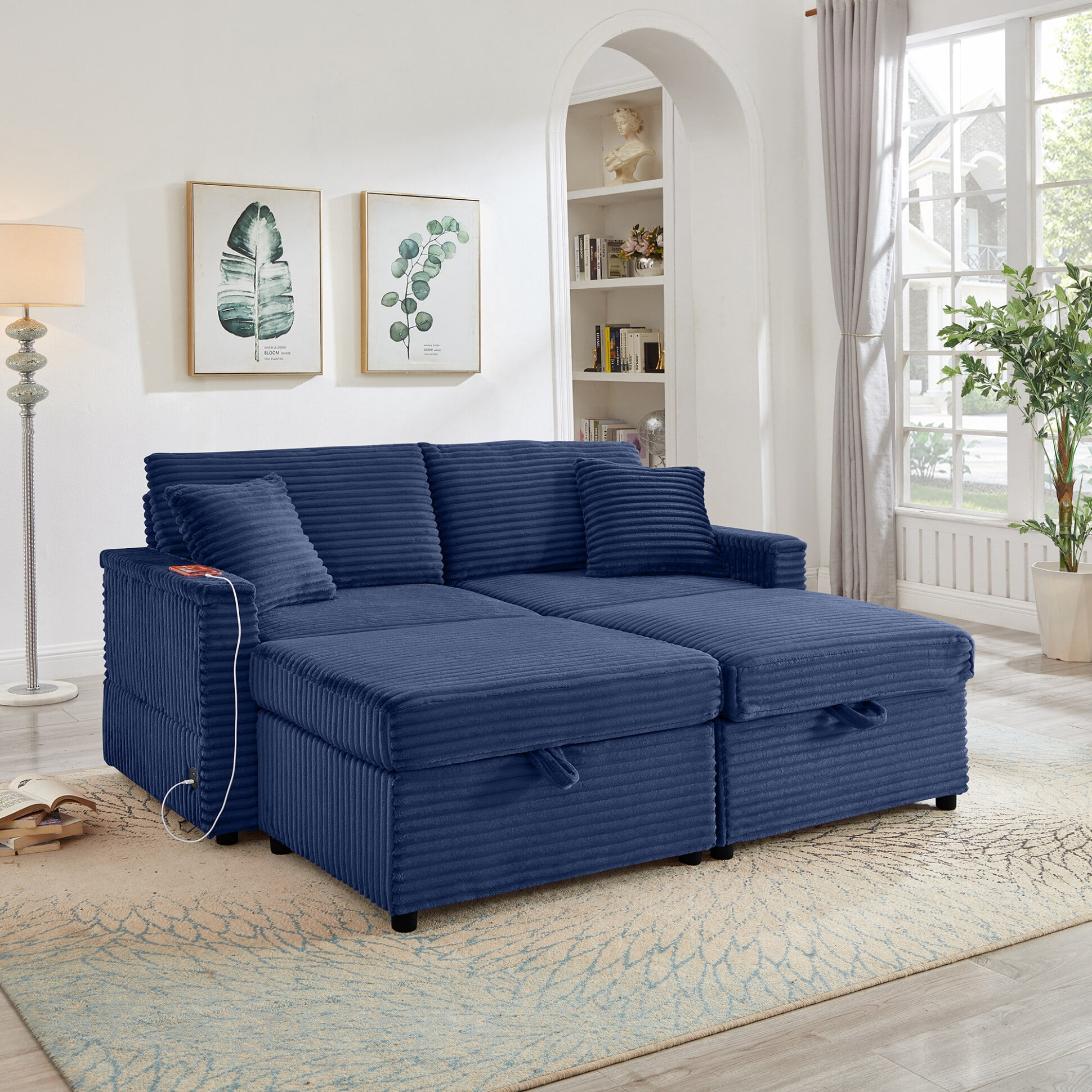 68" Double Chaise Lounges Indoor, Chenille Upholstered Loveseat Sofa Bed with Charging Station, Hidden Table Armrests and Storage Ottomans for Living Room, Blue