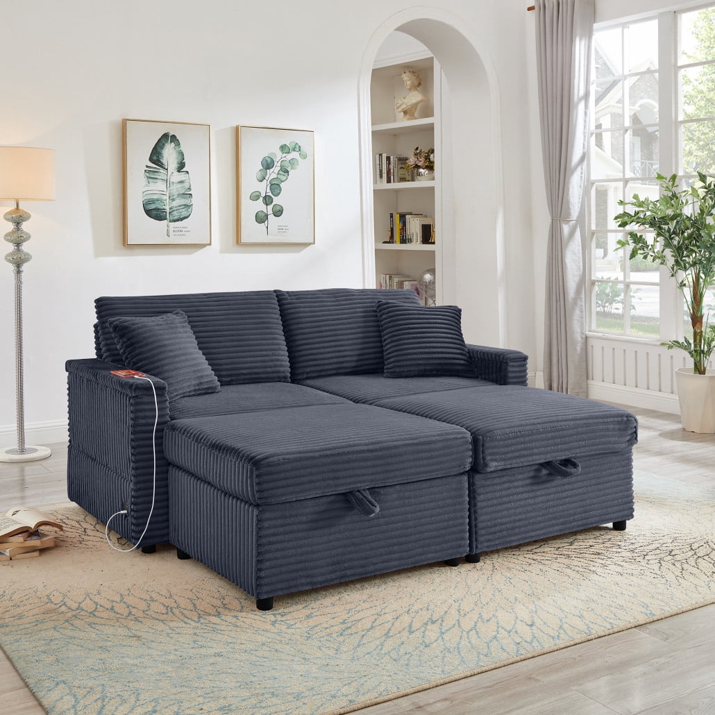 68" Double Chaise Lounges Indoor, Chenille Upholstered Loveseat Sofa Bed with Charging Station, Hidden Table Armrests and Storage Ottomans for Living Room, Dark Gray
